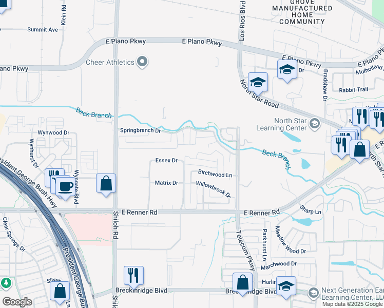 map of restaurants, bars, coffee shops, grocery stores, and more near 3603 Trailwood Drive in Richardson