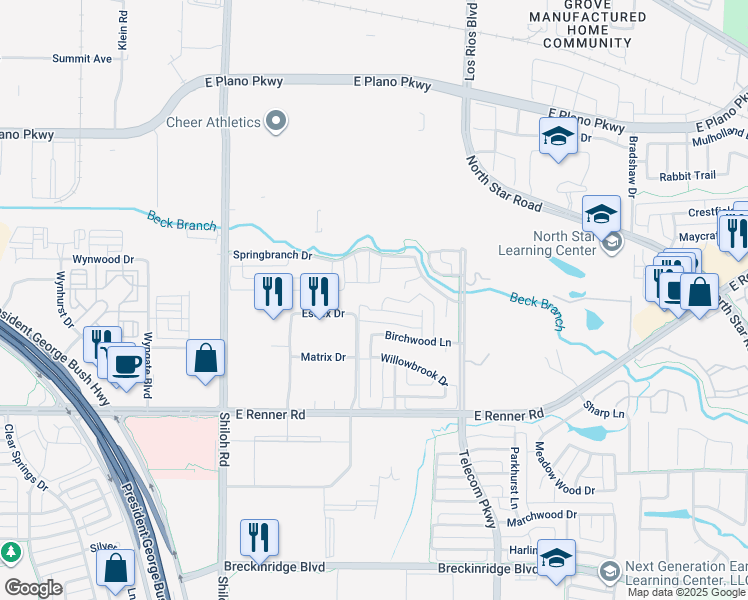 map of restaurants, bars, coffee shops, grocery stores, and more near 3603 Trailwood Drive in Richardson