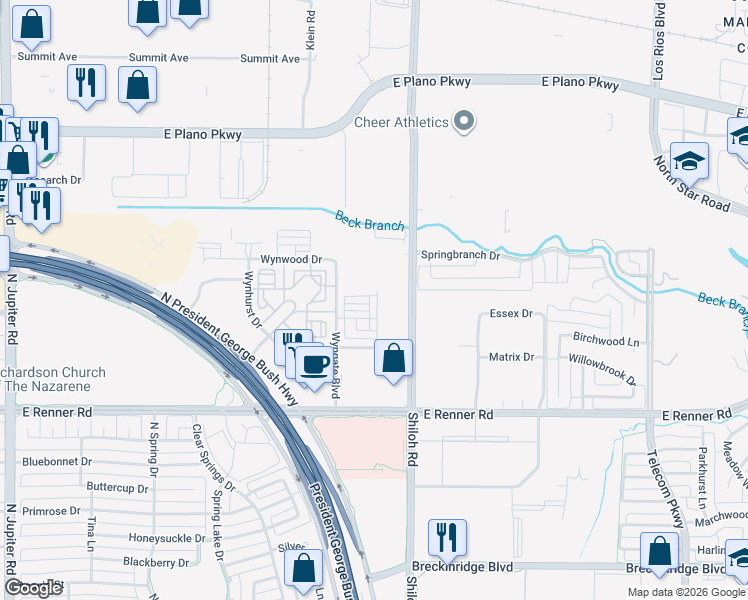 map of restaurants, bars, coffee shops, grocery stores, and more near 401 Shiloh Road in Plano