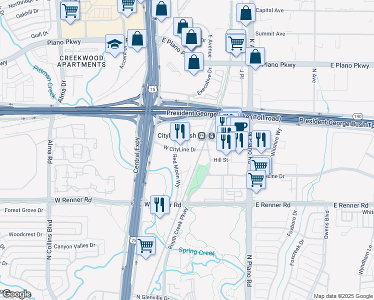 map of restaurants, bars, coffee shops, grocery stores, and more near 116 West CityLine Drive in Richardson
