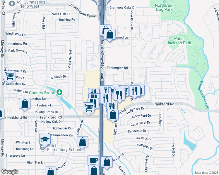 map of restaurants, bars, coffee shops, grocery stores, and more near 18470 Dallas Parkway in Dallas