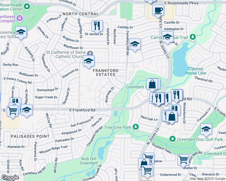 map of restaurants, bars, coffee shops, grocery stores, and more near 3181 Riverside Drive in Carrollton