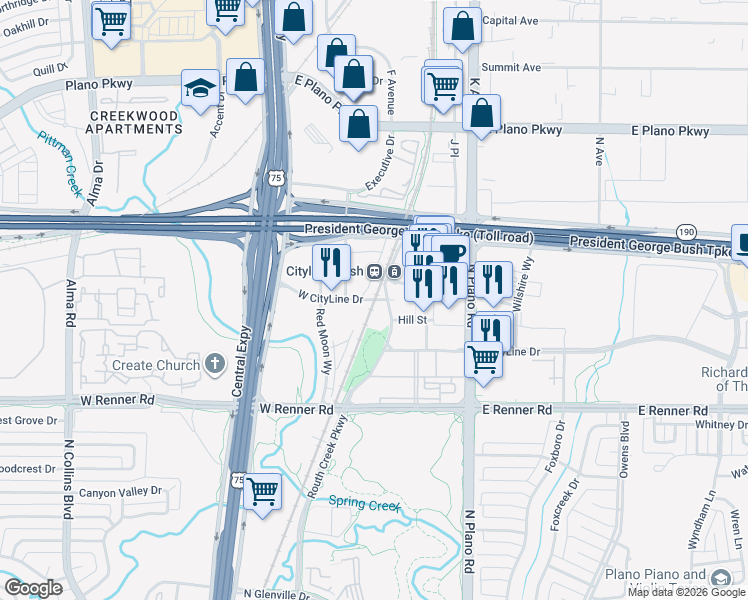map of restaurants, bars, coffee shops, grocery stores, and more near West CityLine Drive in Richardson