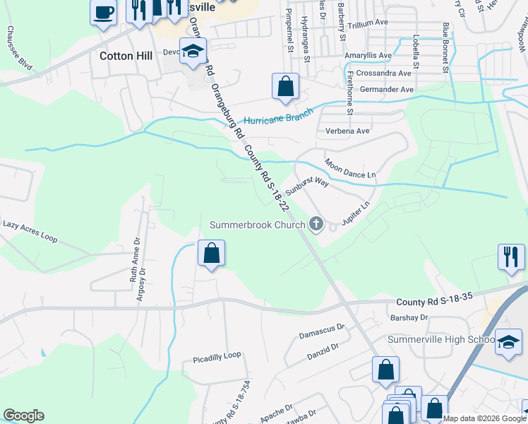 map of restaurants, bars, coffee shops, grocery stores, and more near 737-761 County Road S-18-22 in Summerville