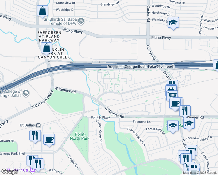 map of restaurants, bars, coffee shops, grocery stores, and more near 955 West President George Bush Highway in Richardson