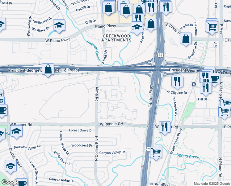 map of restaurants, bars, coffee shops, grocery stores, and more near in Richardson
