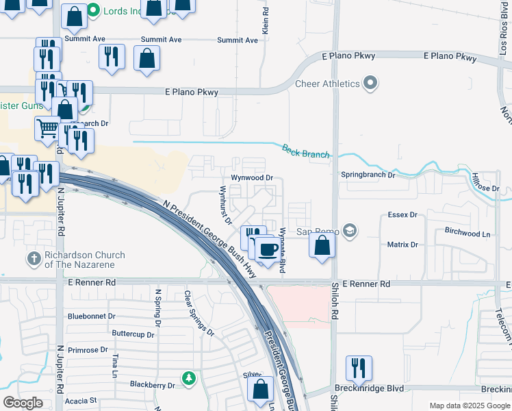 map of restaurants, bars, coffee shops, grocery stores, and more near 380 Vistacourt Drive in Plano