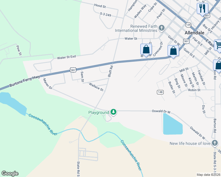 map of restaurants, bars, coffee shops, grocery stores, and more near 4110 Bluff Road in Allendale