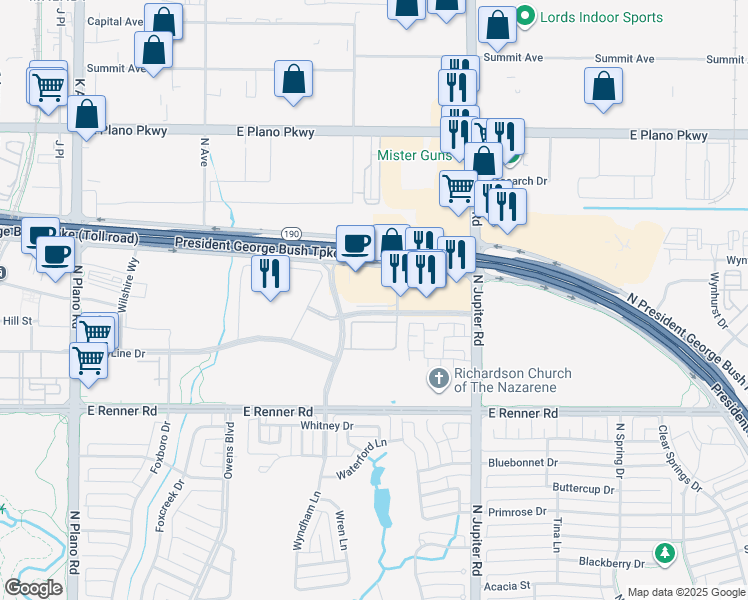 map of restaurants, bars, coffee shops, grocery stores, and more near 3601 Shire Boulevard in Richardson