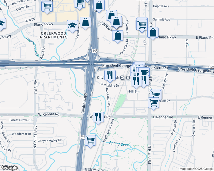map of restaurants, bars, coffee shops, grocery stores, and more near West CityLine Drive in Richardson
