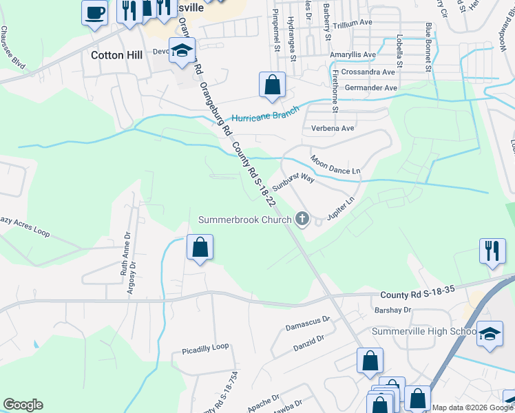map of restaurants, bars, coffee shops, grocery stores, and more near 713 County Road S-18-22 in Summerville