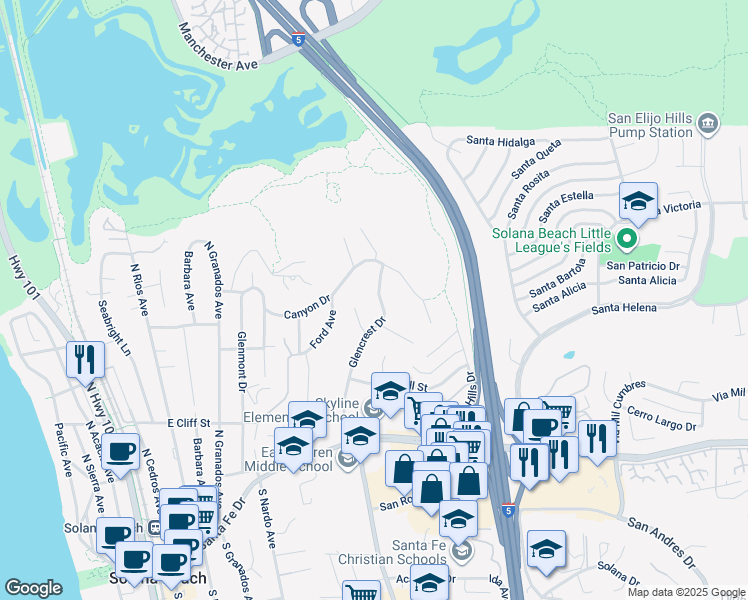 map of restaurants, bars, coffee shops, grocery stores, and more near 527 Glencrest Drive in Solana Beach