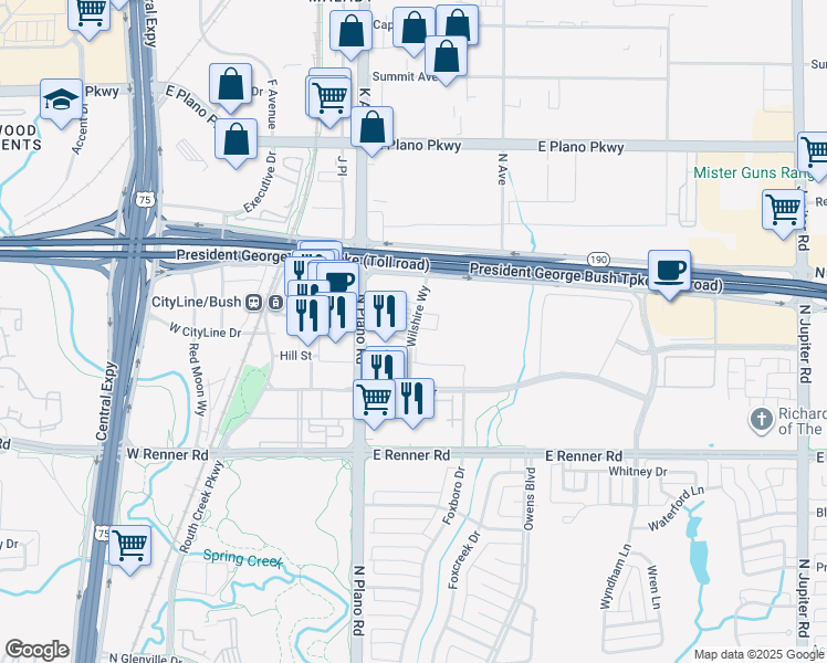 map of restaurants, bars, coffee shops, grocery stores, and more near Wilshire Way in Richardson