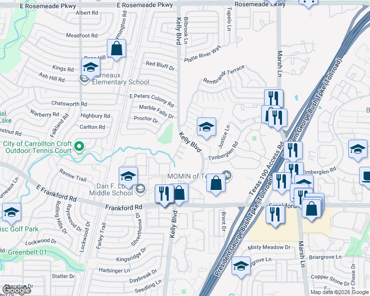 map of restaurants, bars, coffee shops, grocery stores, and more near 18211 Kelly Boulevard in Dallas