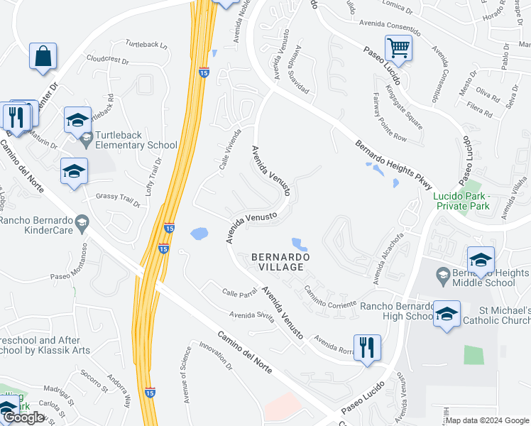 map of restaurants, bars, coffee shops, grocery stores, and more near 11899 Caminito Ryone in San Diego