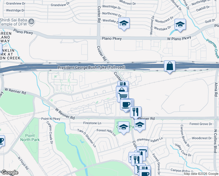 map of restaurants, bars, coffee shops, grocery stores, and more near 851 Greenside Drive in Richardson