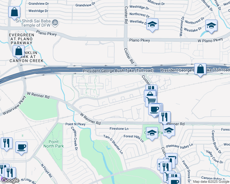 map of restaurants, bars, coffee shops, grocery stores, and more near 850 Greenside Drive in Richardson