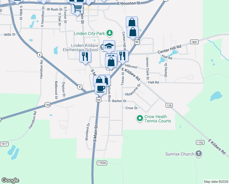 map of restaurants, bars, coffee shops, grocery stores, and more near 107 Lee Alley in Linden