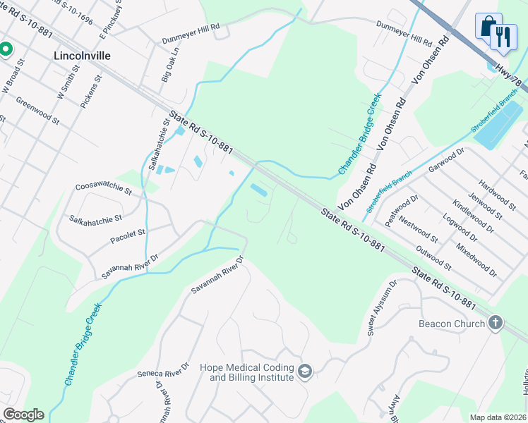 map of restaurants, bars, coffee shops, grocery stores, and more near 10369 Lincolnville Road in Summerville