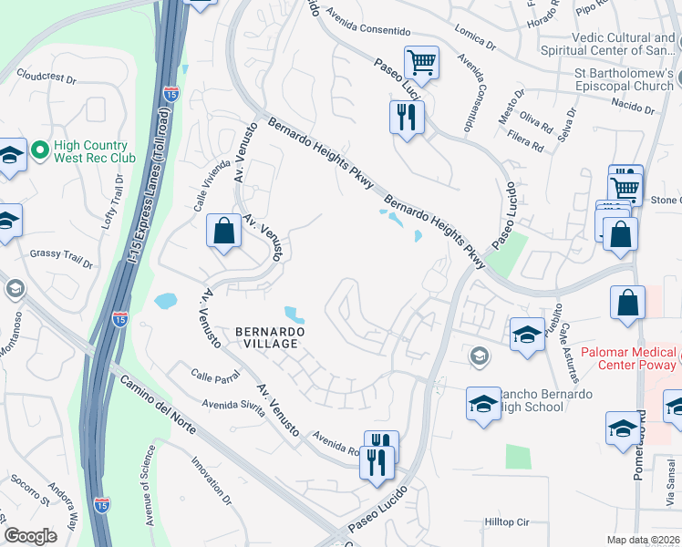 map of restaurants, bars, coffee shops, grocery stores, and more near 12042 Royal Birkdale Row in San Diego