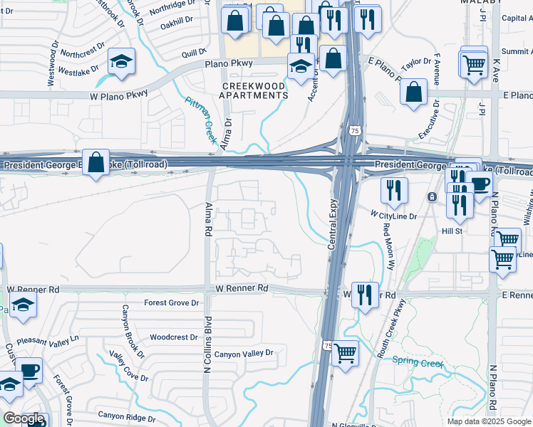 map of restaurants, bars, coffee shops, grocery stores, and more near 3560 Alma Road in Richardson