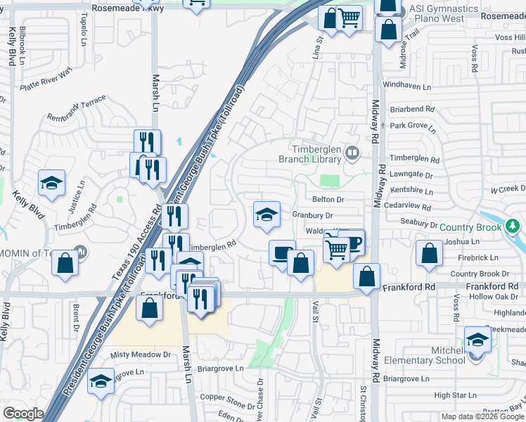 map of restaurants, bars, coffee shops, grocery stores, and more near 3704 Granbury Dr in Dallas