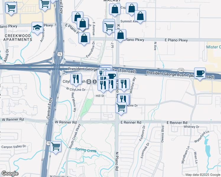 map of restaurants, bars, coffee shops, grocery stores, and more near State Street in Richardson