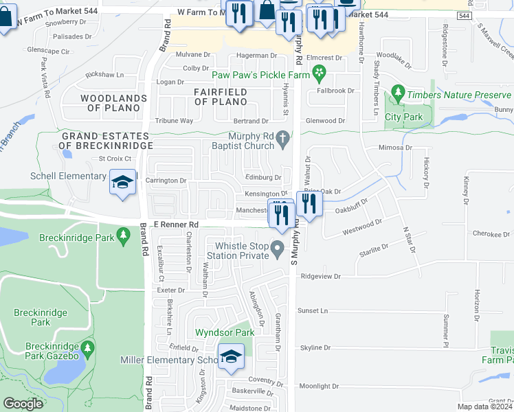 map of restaurants, bars, coffee shops, grocery stores, and more near 5711 Manchester Drive in Richardson