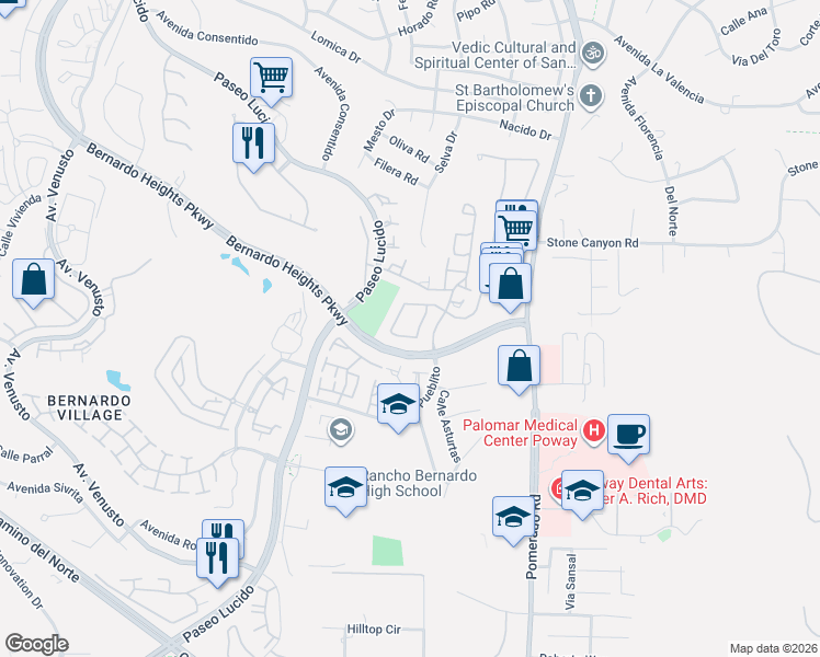 map of restaurants, bars, coffee shops, grocery stores, and more near 15635 Caminito La Torre in San Diego