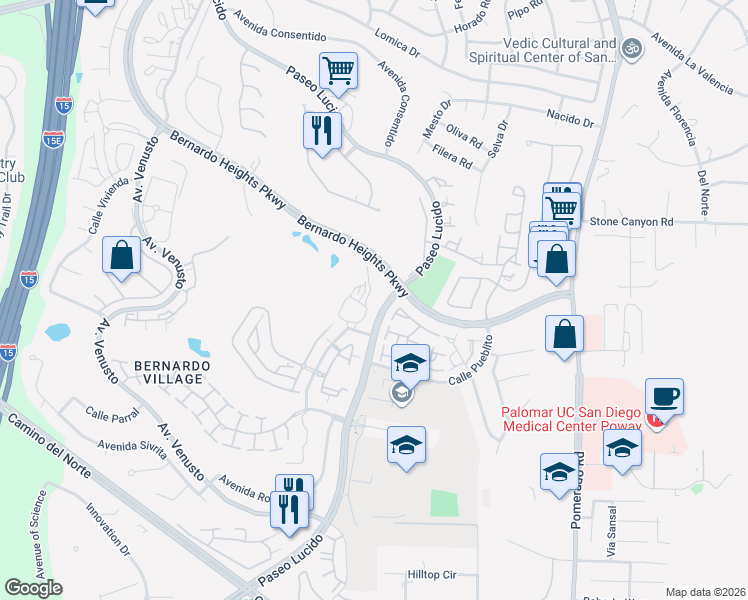 map of restaurants, bars, coffee shops, grocery stores, and more near 12791 Paseo Lucido in San Diego