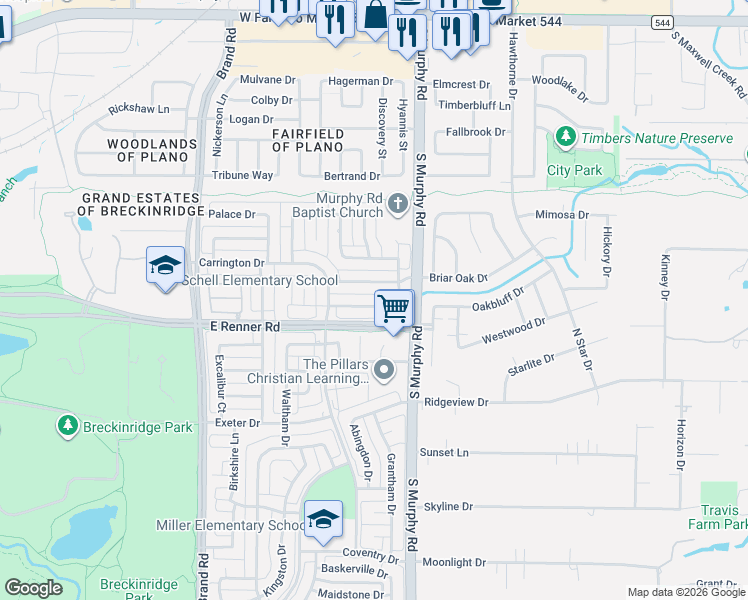 map of restaurants, bars, coffee shops, grocery stores, and more near 5716 Kensington Drive in Richardson