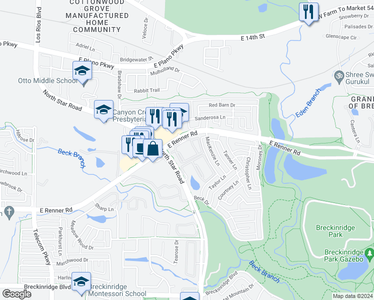 map of restaurants, bars, coffee shops, grocery stores, and more near 4250 East Renner Road in Richardson