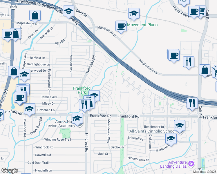 map of restaurants, bars, coffee shops, grocery stores, and more near 7148 Elm Creek Lane in Dallas