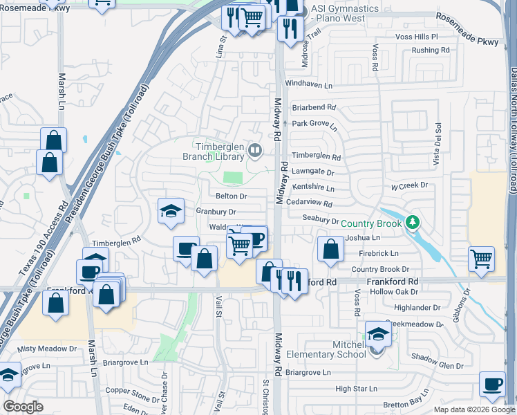 map of restaurants, bars, coffee shops, grocery stores, and more near 3936 Belton Drive in Dallas