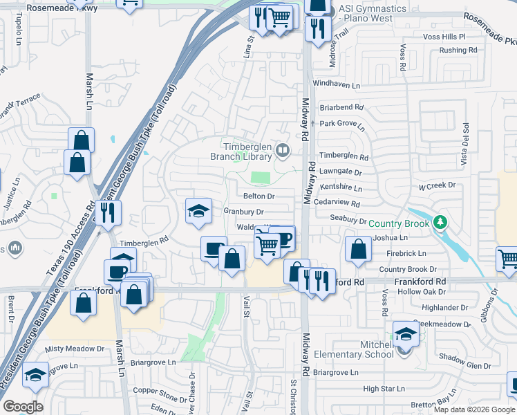 map of restaurants, bars, coffee shops, grocery stores, and more near 3912 Belton Drive in Dallas