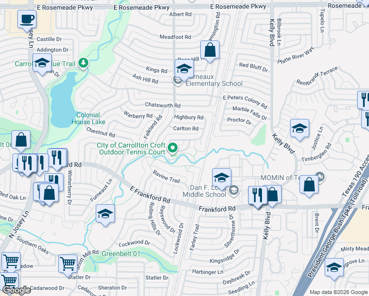 map of restaurants, bars, coffee shops, grocery stores, and more near 2116 Croft Road in Carrollton