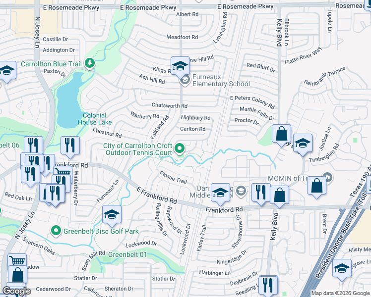 map of restaurants, bars, coffee shops, grocery stores, and more near 3106 Abbey Road in Carrollton