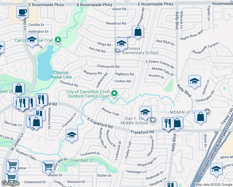 map of restaurants, bars, coffee shops, grocery stores, and more near 3106 Abbey Road in Carrollton