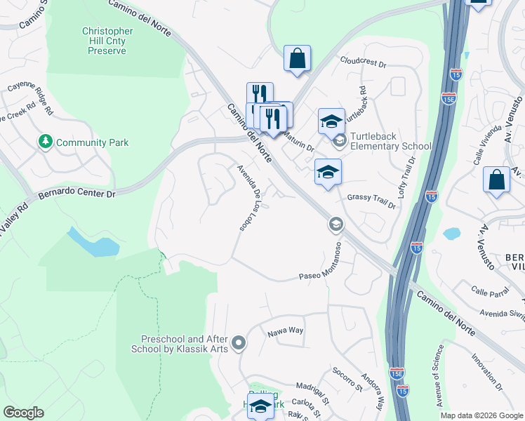 map of restaurants, bars, coffee shops, grocery stores, and more near 11207 Avenida De Los Lobos in San Diego