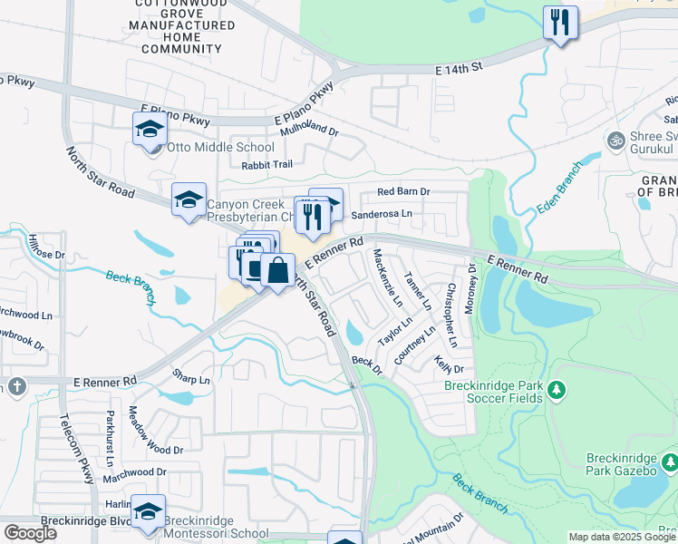 map of restaurants, bars, coffee shops, grocery stores, and more near 4250 East Renner Road in Richardson