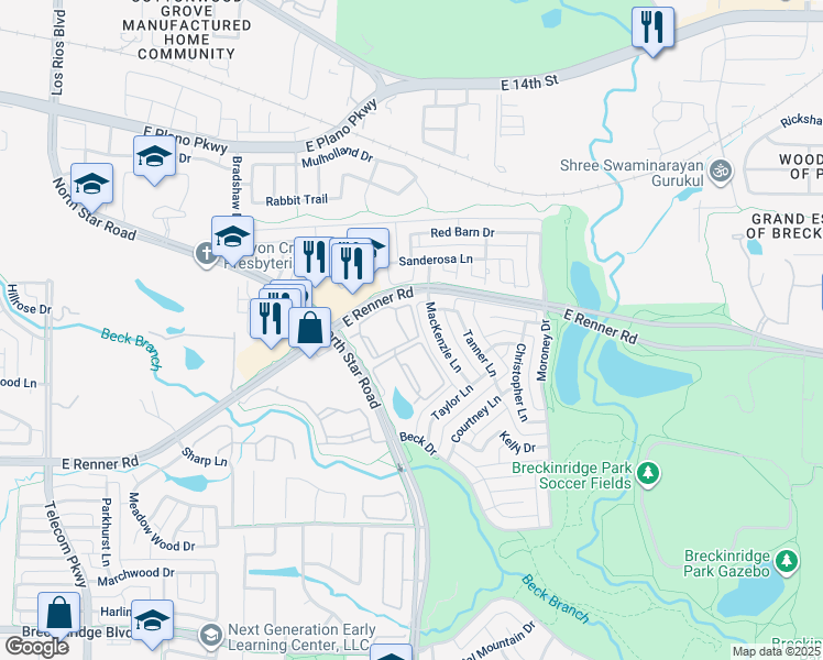 map of restaurants, bars, coffee shops, grocery stores, and more near 4250 East Renner Road in Richardson