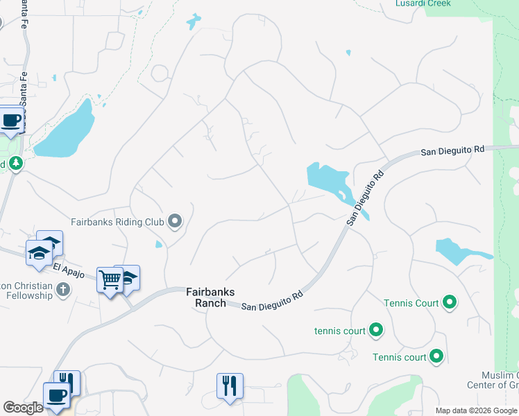 map of restaurants, bars, coffee shops, grocery stores, and more near 16722 Via Lago Azul in Rancho Santa Fe