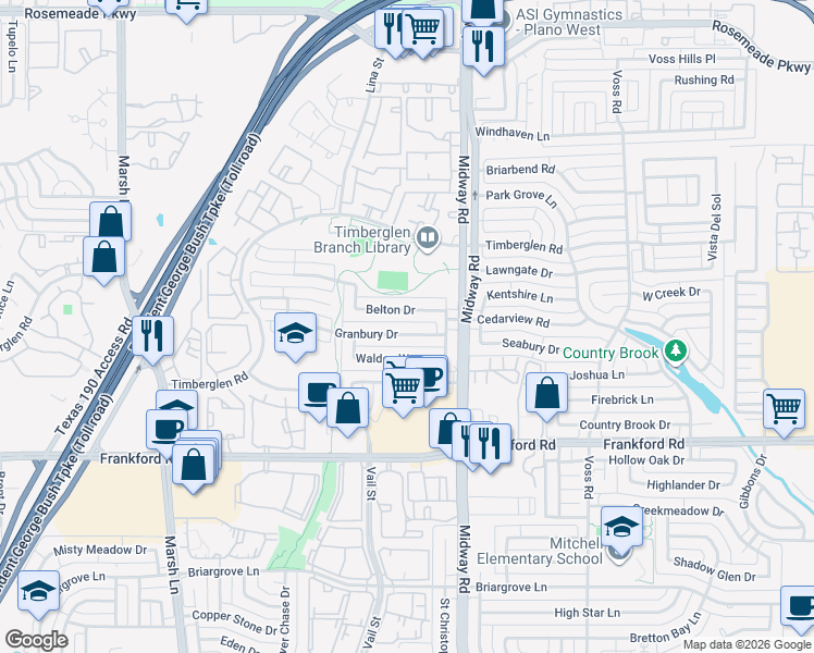map of restaurants, bars, coffee shops, grocery stores, and more near 3907 Granbury Drive in Dallas
