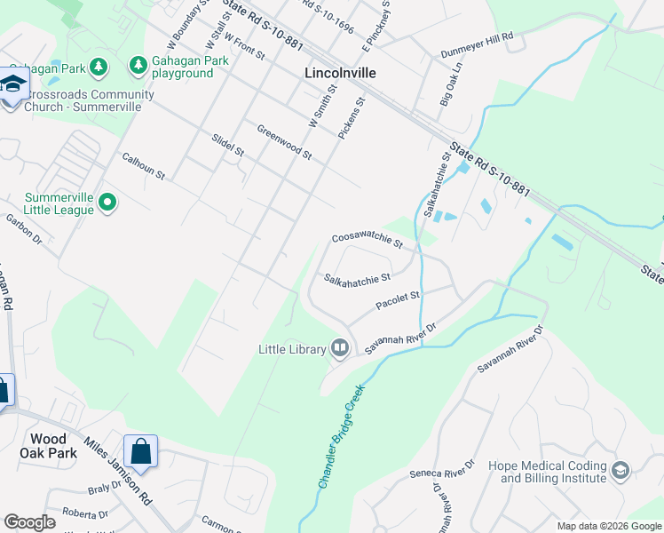 map of restaurants, bars, coffee shops, grocery stores, and more near 204 Coosawatchie Street in Lincolnville