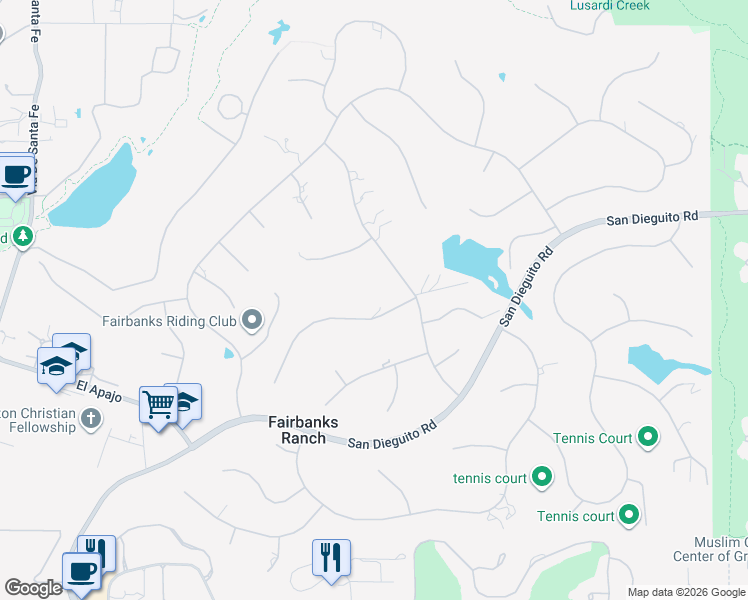map of restaurants, bars, coffee shops, grocery stores, and more near 16722 Via Lago Azul in Rancho Santa Fe