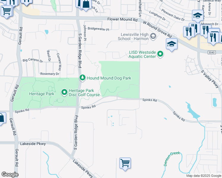 map of restaurants, bars, coffee shops, grocery stores, and more near 1201 Duncan Lane in Flower Mound