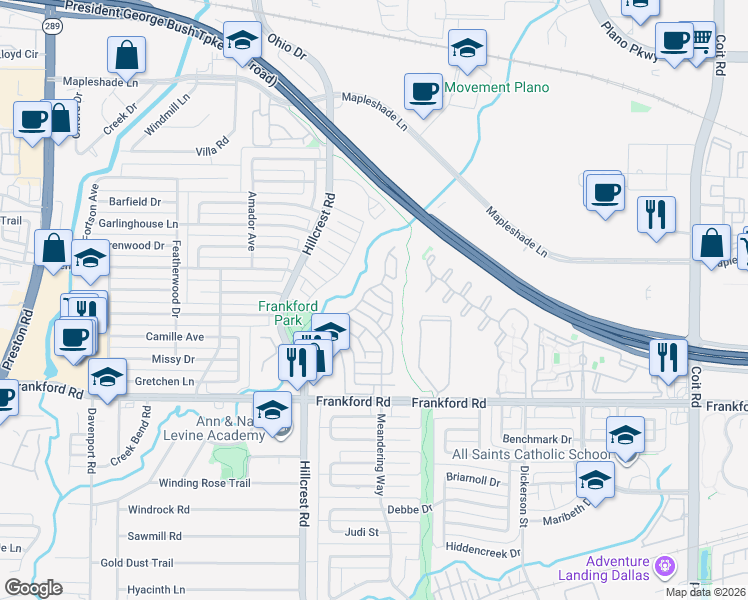 map of restaurants, bars, coffee shops, grocery stores, and more near 7148 Elm Creek Lane in Dallas