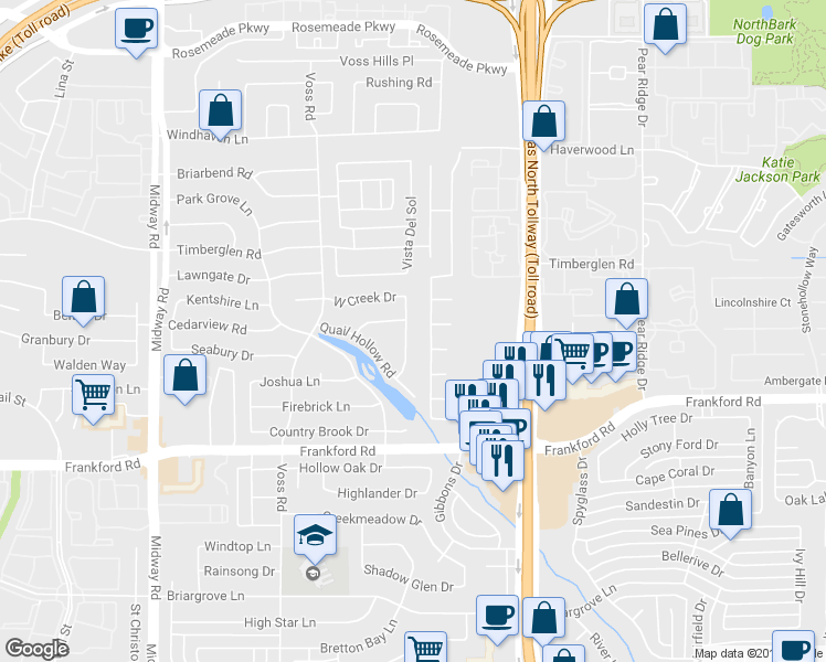 map of restaurants, bars, coffee shops, grocery stores, and more near 18508 Bay Pines Lane in Dallas