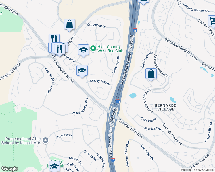 map of restaurants, bars, coffee shops, grocery stores, and more near 11479 Grassy Trail Drive in San Diego