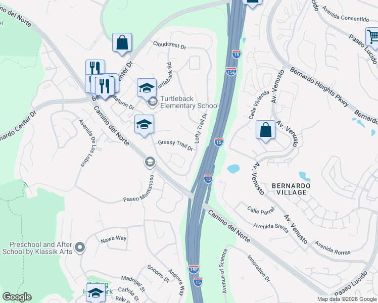 map of restaurants, bars, coffee shops, grocery stores, and more near 11479 Grassy Trail Drive in San Diego